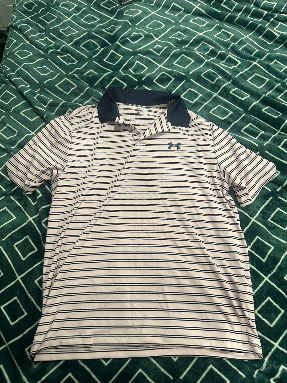 Under Armour Men’s Salmon Polo with Navy Stripes & Navy Collar